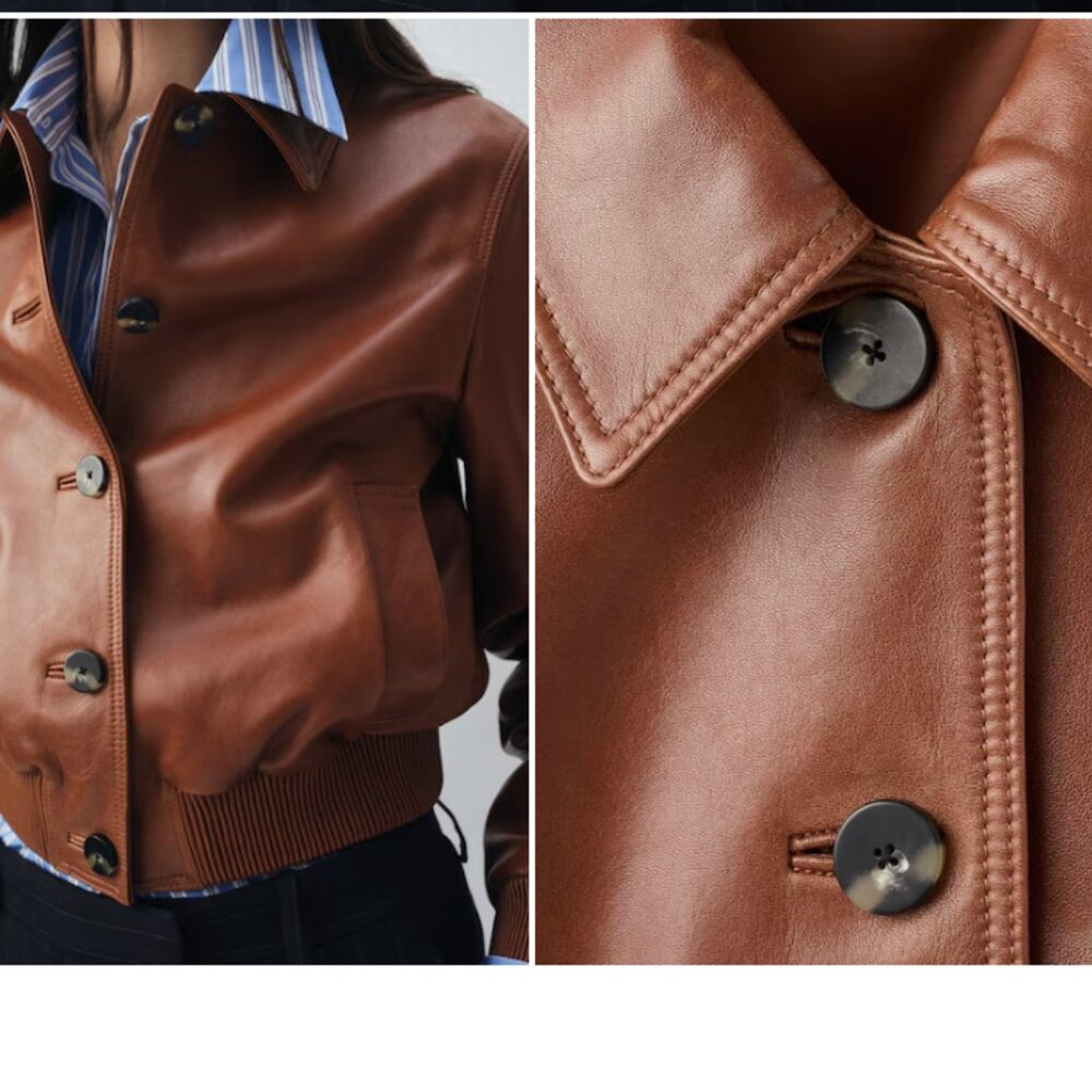 Mango Brown Leather Bomber Jacket - Picture 4 of 5